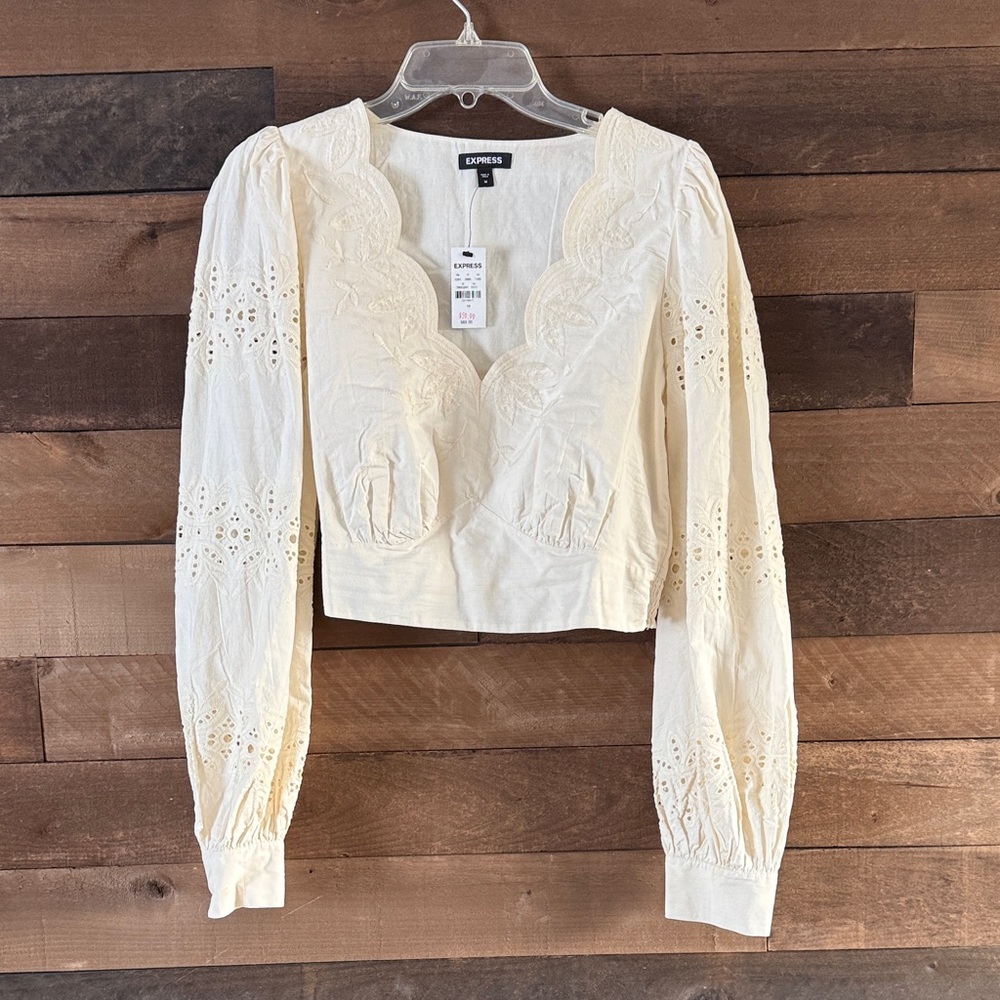 Express Ivory Eyelet Long Sleeve Blouse